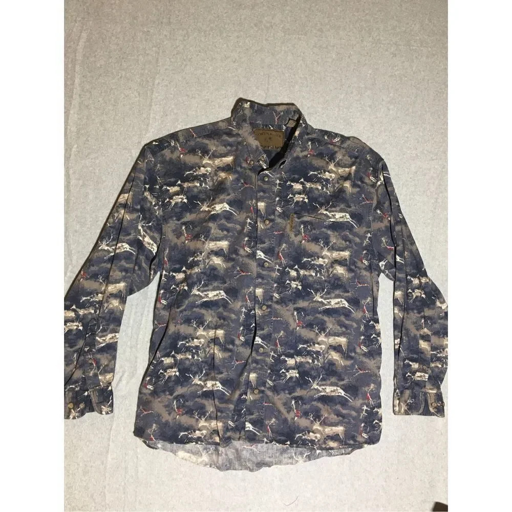 Mens North River Button Up Size Large Navy Blue Deer Hunting Shirt Formal Cotton